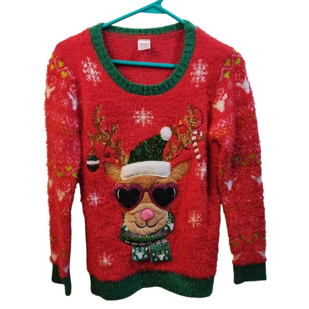 Holiday Time Red Fluffy Reindeer Ugly‎ Christmas Sweater Girl's XL 14-16 Sequins